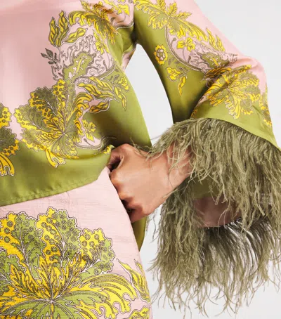 La Doublej Make An Exit Feather-trimmed Silk Twill Top In Multi
