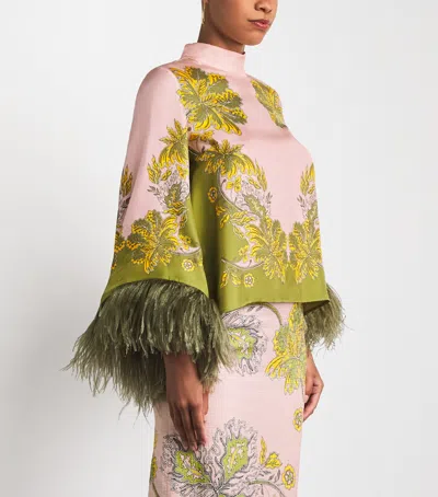 La Doublej Make An Exit Feather-trimmed Silk Twill Top In Multi