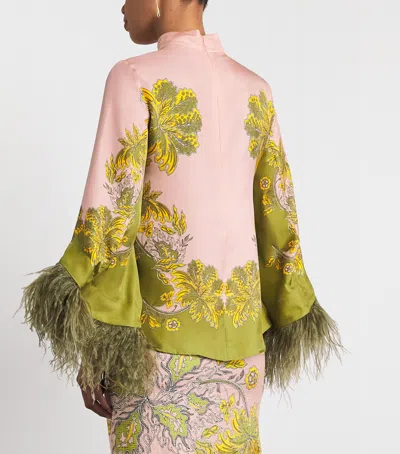 La Doublej Make An Exit Feather-trimmed Silk Twill Top In Multi
