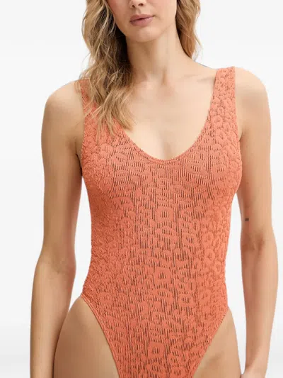 Bondeye Leopard-pattern Crinkle-effect Swimsuit In Orange