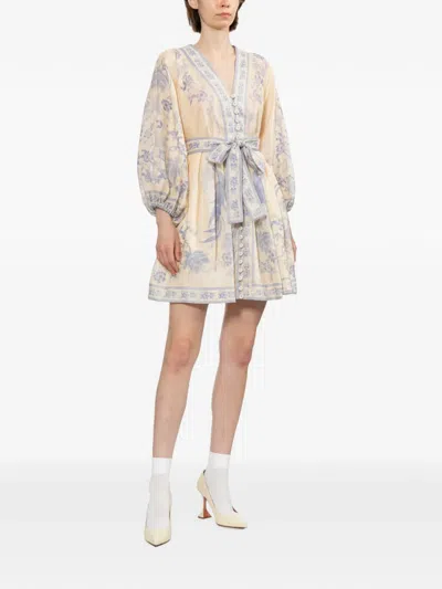 Zimmermann Womens Indra Plunge Linen Mini Dress Cream Lilac Floral In Neutral