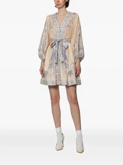 Zimmermann Womens Indra Plunge Linen Mini Dress Cream Lilac Floral In Neutral