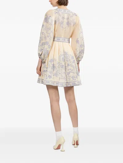 Zimmermann Womens Indra Plunge Linen Mini Dress Cream Lilac Floral In Neutral