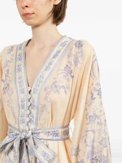Zimmermann Womens Indra Plunge Linen Mini Dress Cream Lilac Floral In Neutral
