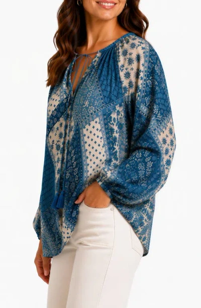 Bluegrey Patchwork Print Long Sleeve Top In Blue
