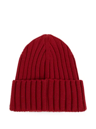 Moncler Cable-knit Wool Beanie With Logo In Burgundy In Red