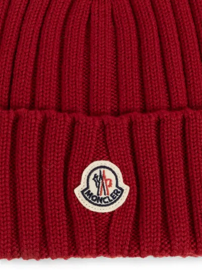 Moncler Cable-knit Wool Beanie With Logo In Burgundy In Red