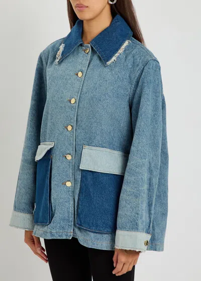 Ganni Patchwork Distressed Denim Jacket In Blue