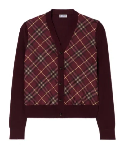Burberry Check Panel Wool Silk Cardigan In Burgundy