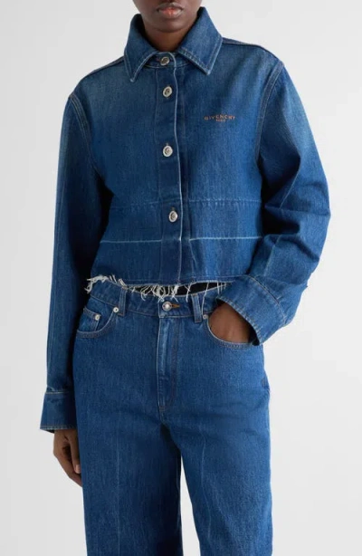 Givenchy Cropped Raw-edge Cotton Denim Jacket In Blue