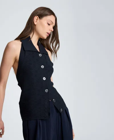 Kenneth Cole Collared Halter Sweater With Button Front In Blue