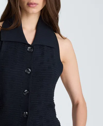 Kenneth Cole Collared Halter Sweater With Button Front In Blue
