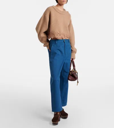 Chloé Pullover Corto Con Collo A Lupetto In Maglia Di Lana E Cashmere Con Pizzo In Brown