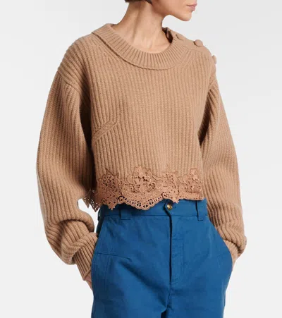 Chloé Pullover Corto Con Collo A Lupetto In Maglia Di Lana E Cashmere Con Pizzo In Brown