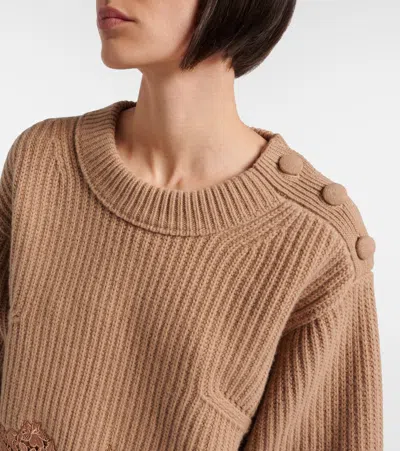 Chloé Pullover Corto Con Collo A Lupetto In Maglia Di Lana E Cashmere Con Pizzo In Brown