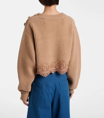 Chloé Pullover Corto Con Collo A Lupetto In Maglia Di Lana E Cashmere Con Pizzo In Brown