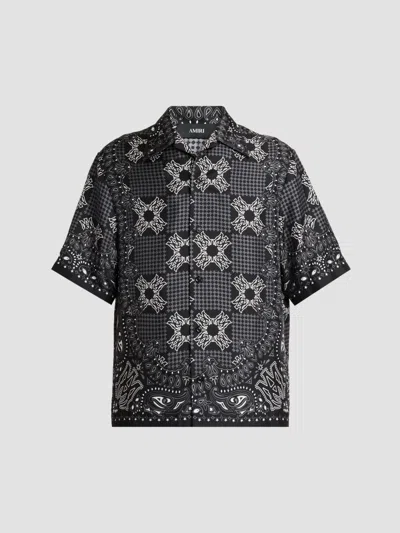 Amiri Silk Bowling Shirt With Cuban Collar And All-over Geometric Print In Black