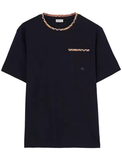 Burberry Cotton Logo T-shirt With Checkered Trim And Chest Pocket In Blue