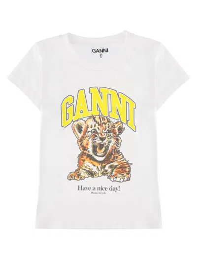Ganni Organic Cotton T-shirt With Front Print In White
