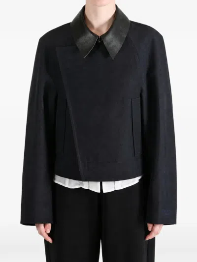 Givenchy Cropped Leather-collar Asymmetric-front Jacket In Blue