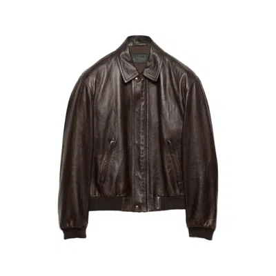 Prada Nappa Leather Bomber Jacket In Brown