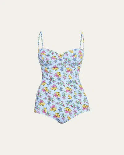 Dolce & Gabbana Small Floral-print Balconette One-piece Swimsuit In Blue