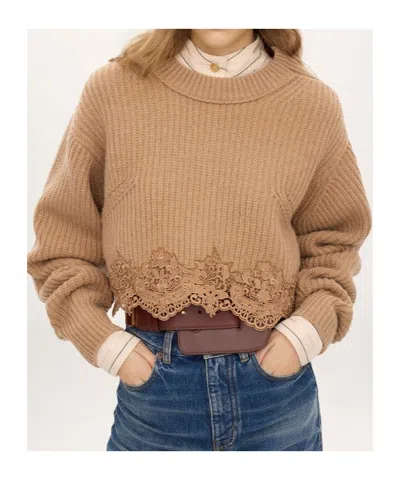Chloé Pullover Corto Con Collo A Lupetto In Maglia Di Lana E Cashmere Con Pizzo In Neutral