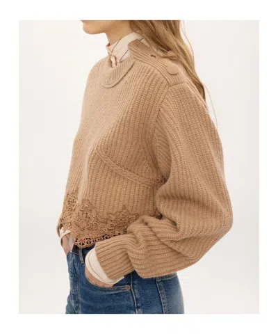 Chloé Pullover Corto Con Collo A Lupetto In Maglia Di Lana E Cashmere Con Pizzo In Neutral