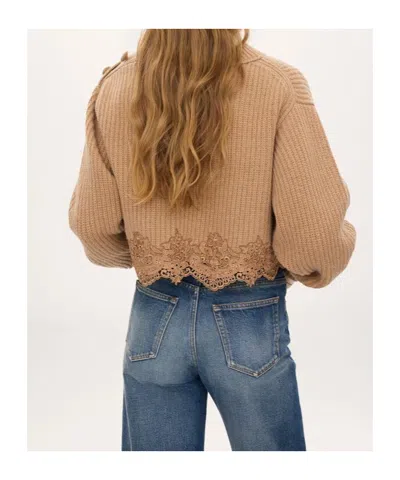 Chloé Pullover Corto Con Collo A Lupetto In Maglia Di Lana E Cashmere Con Pizzo In Neutral