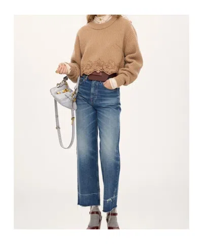 Chloé Pullover Corto Con Collo A Lupetto In Maglia Di Lana E Cashmere Con Pizzo In Neutral