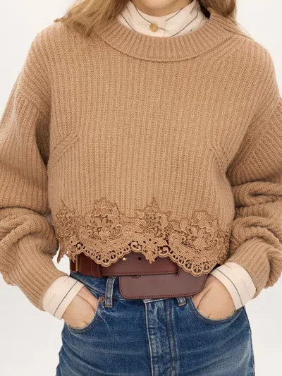 Chloé Pullover Corto Con Collo A Lupetto In Maglia Di Lana E Cashmere Con Pizzo In Neutral