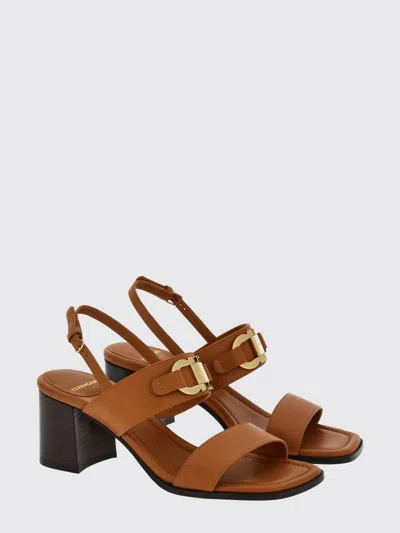 Ferragamo Gancini Logo Calfskin Slingback Sandals With A Block Heel In Brown