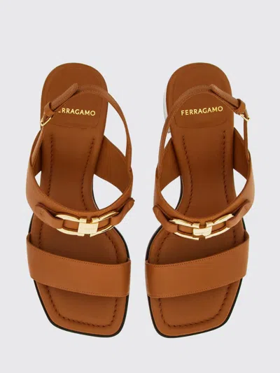 Ferragamo Gancini Logo Calfskin Slingback Sandals With A Block Heel In Brown