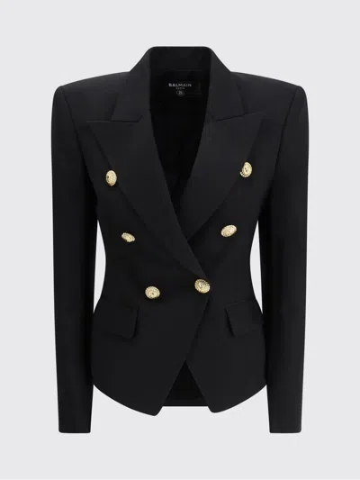 Balmain Women Black Double-breasted Jacket With Branded Buttons And Asymmetric Cut In Wool Woman In Black
