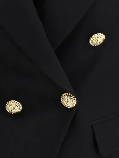 Balmain Women Black Double-breasted Jacket With Branded Buttons And Asymmetric Cut In Wool Woman In Black