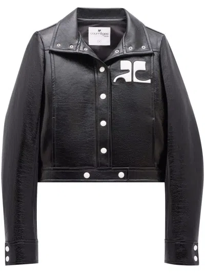Courrèges Stretch Cotton Cropped Vinyl Jacket Reedition In Black