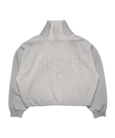 Acne Studios Brushed Cotton Fleece Funnel Neck Logo Sweatshirt With Balloon Hem In Gray