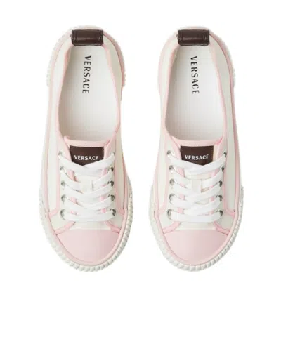 Versace Lace Sneakers Contrast Trim Pull Tab Sole In Pink