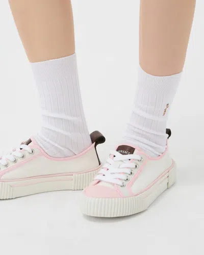 Versace Lace Sneakers Contrast Trim Pull Tab Sole In Pink