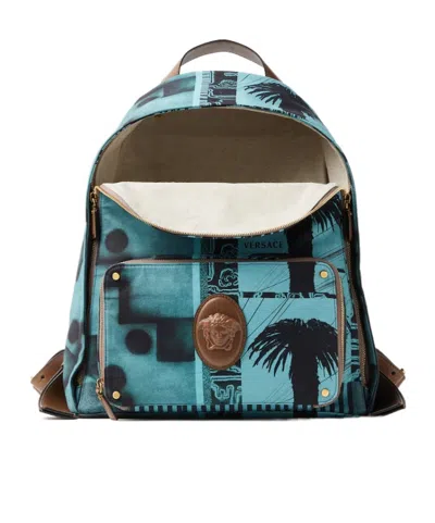 Versace Lou Printed-canvas Backpack In Blue