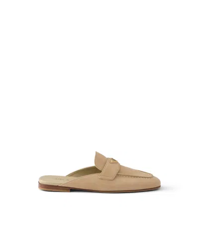 Prada Sand Suede Slippers In Brown