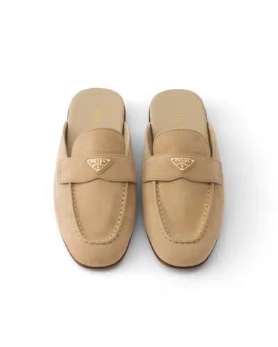 Prada Sand Suede Slippers In Brown