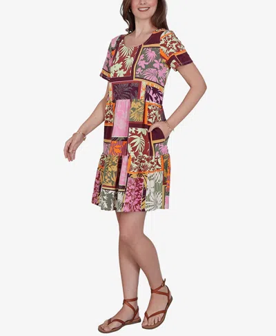 Ruby Rd. Petite Tropical Patchwork Stretch Pocket Dress In Brown
