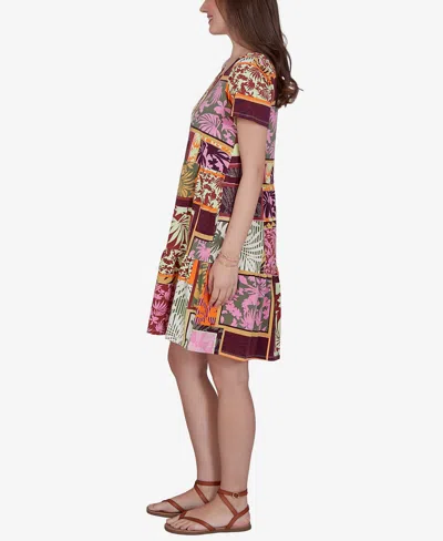 Ruby Rd. Petite Tropical Patchwork Stretch Pocket Dress In Brown