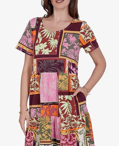 Ruby Rd. Petite Tropical Patchwork Stretch Pocket Dress In Brown