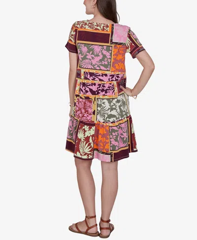 Ruby Rd. Petite Tropical Patchwork Stretch Pocket Dress In Brown