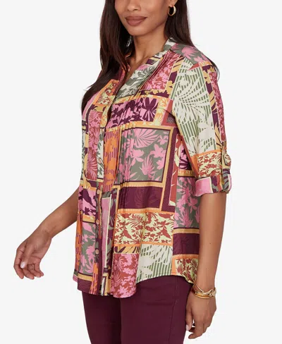 Ruby Rd. Petite Tropical Patchwork Voile Button Front Top In Purple