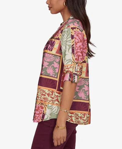 Ruby Rd. Petite Tropical Patchwork Voile Button Front Top In Purple