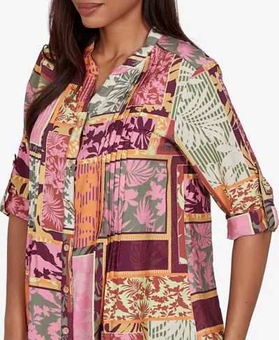 Ruby Rd. Petite Tropical Patchwork Voile Button Front Top In Purple