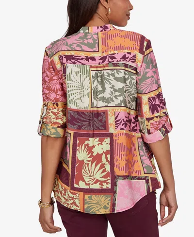 Ruby Rd. Petite Tropical Patchwork Voile Button Front Top In Purple